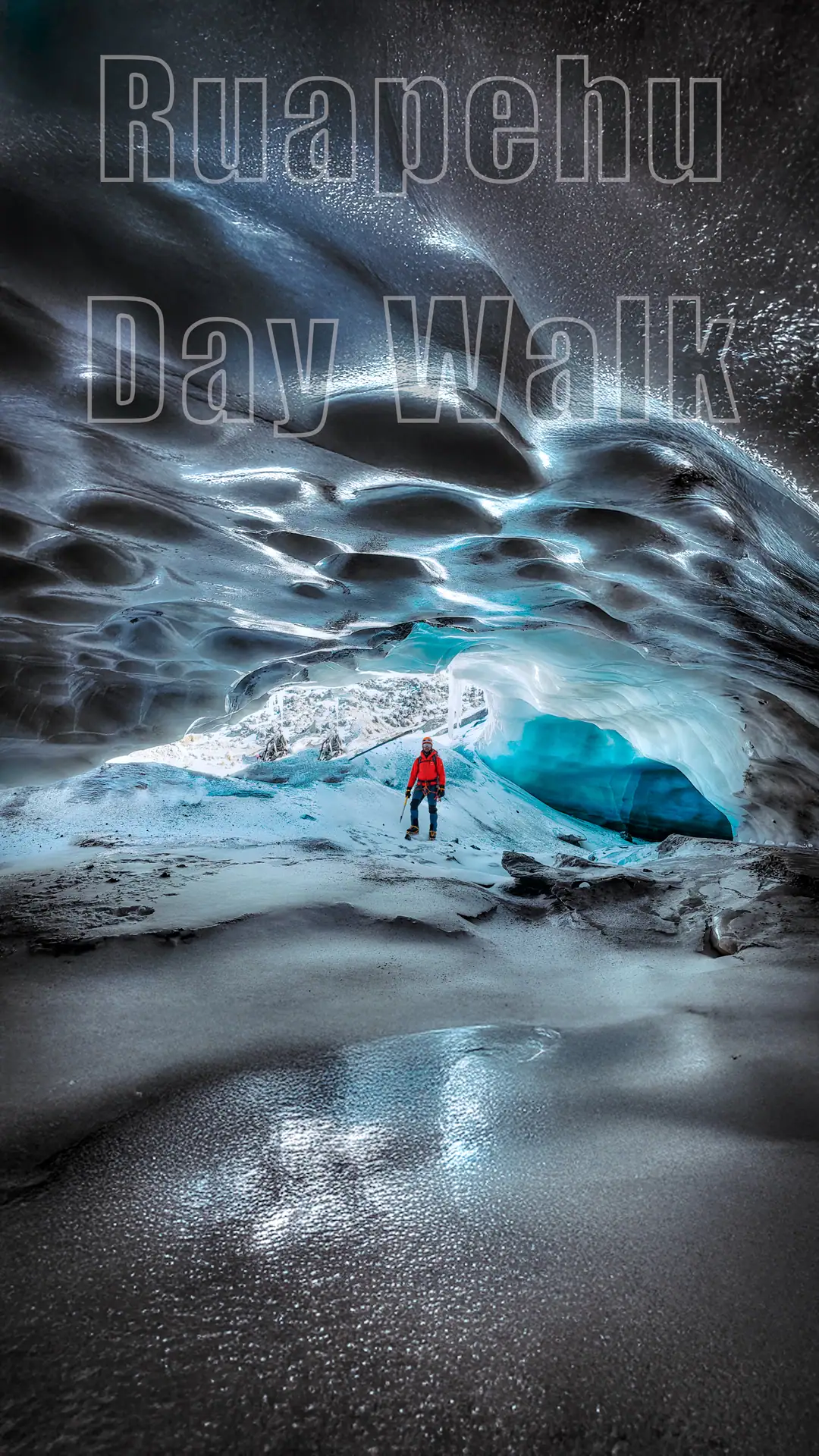 Climber at the entrance to an ice cave Mt Ruapehu, Tongariro National Park