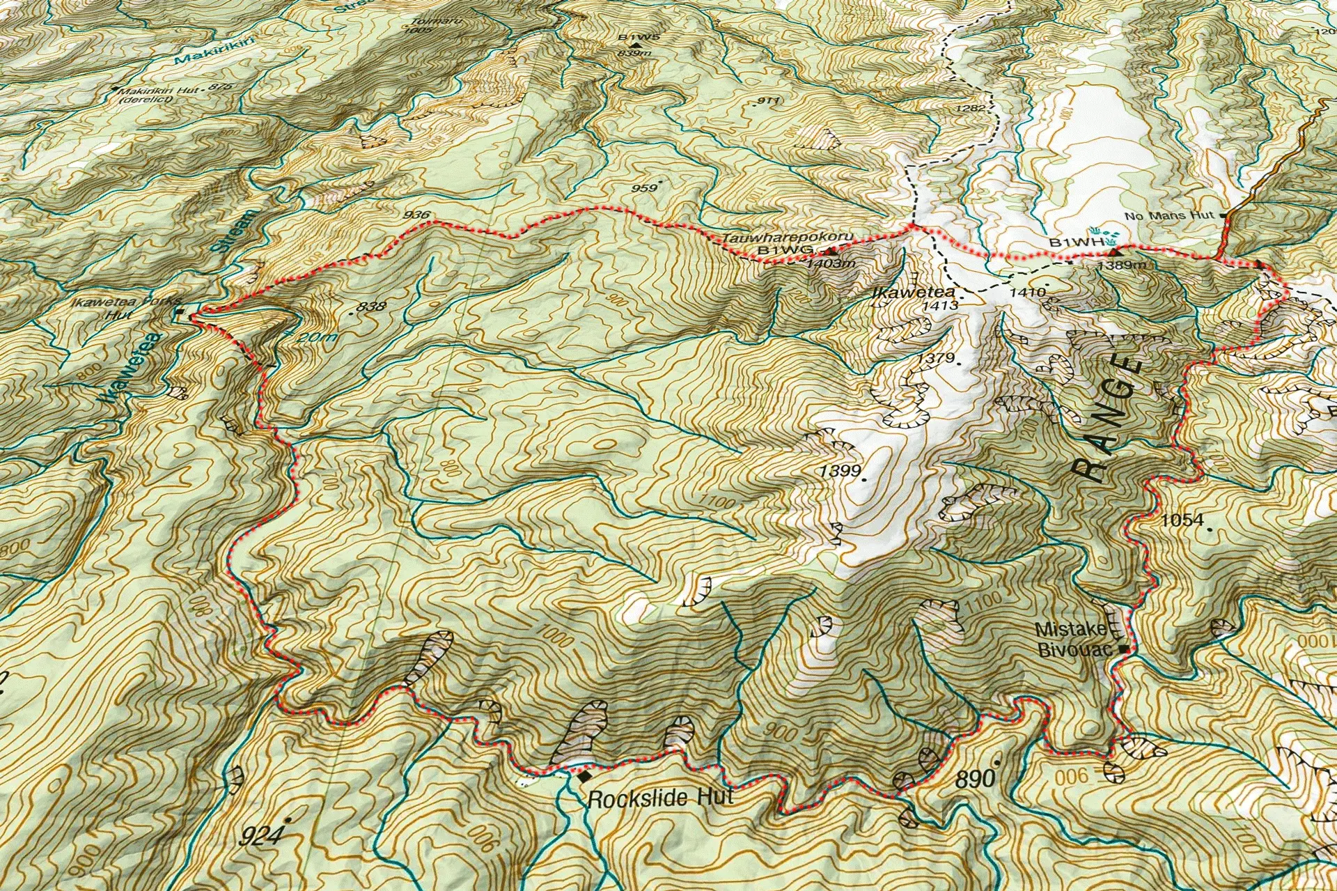 Topo map of route for predator trapping for whio protection Ruahine Range