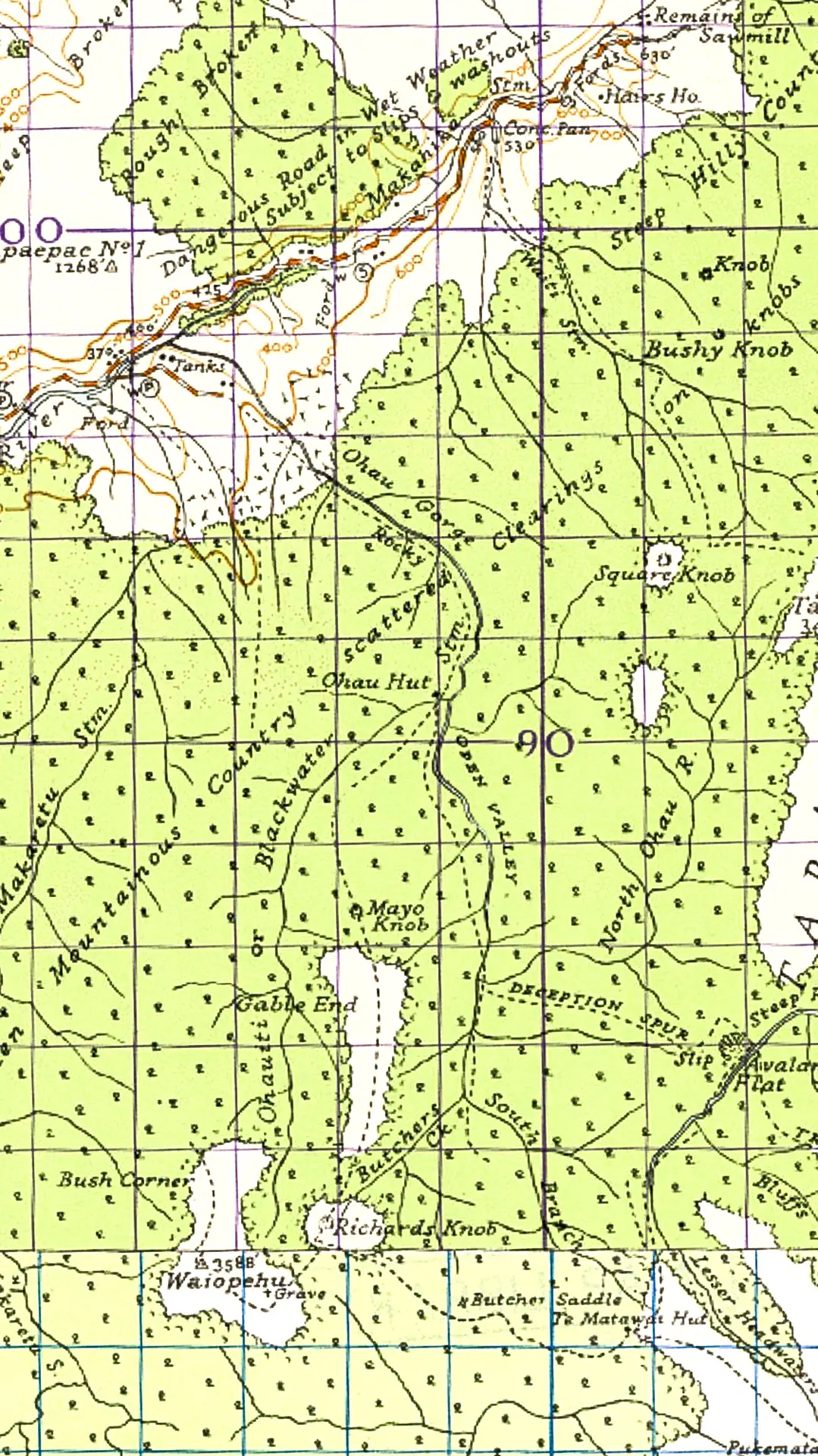 Topomap from 1959 the showing location of Ozzie's Track in the Tararua Forest Park