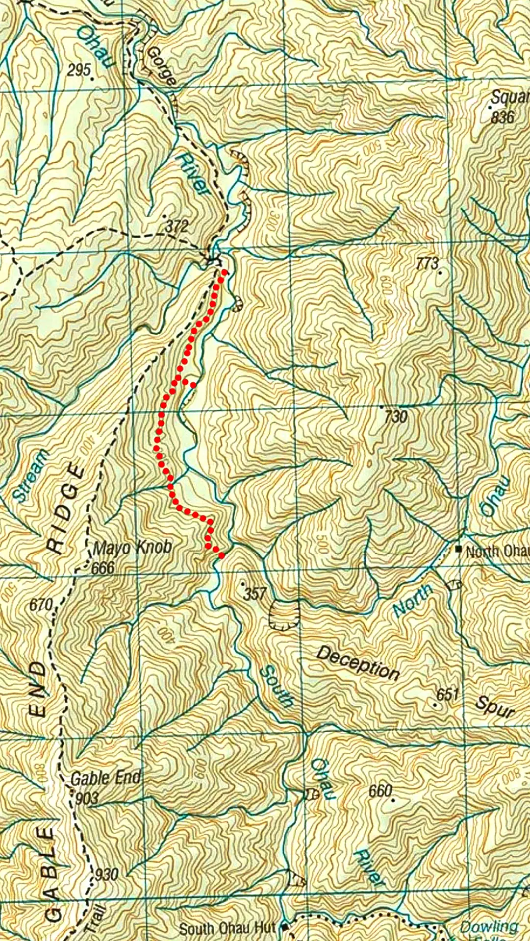 Today's totpomap of the South Ōhau River with the route of Ozzie's Track marked