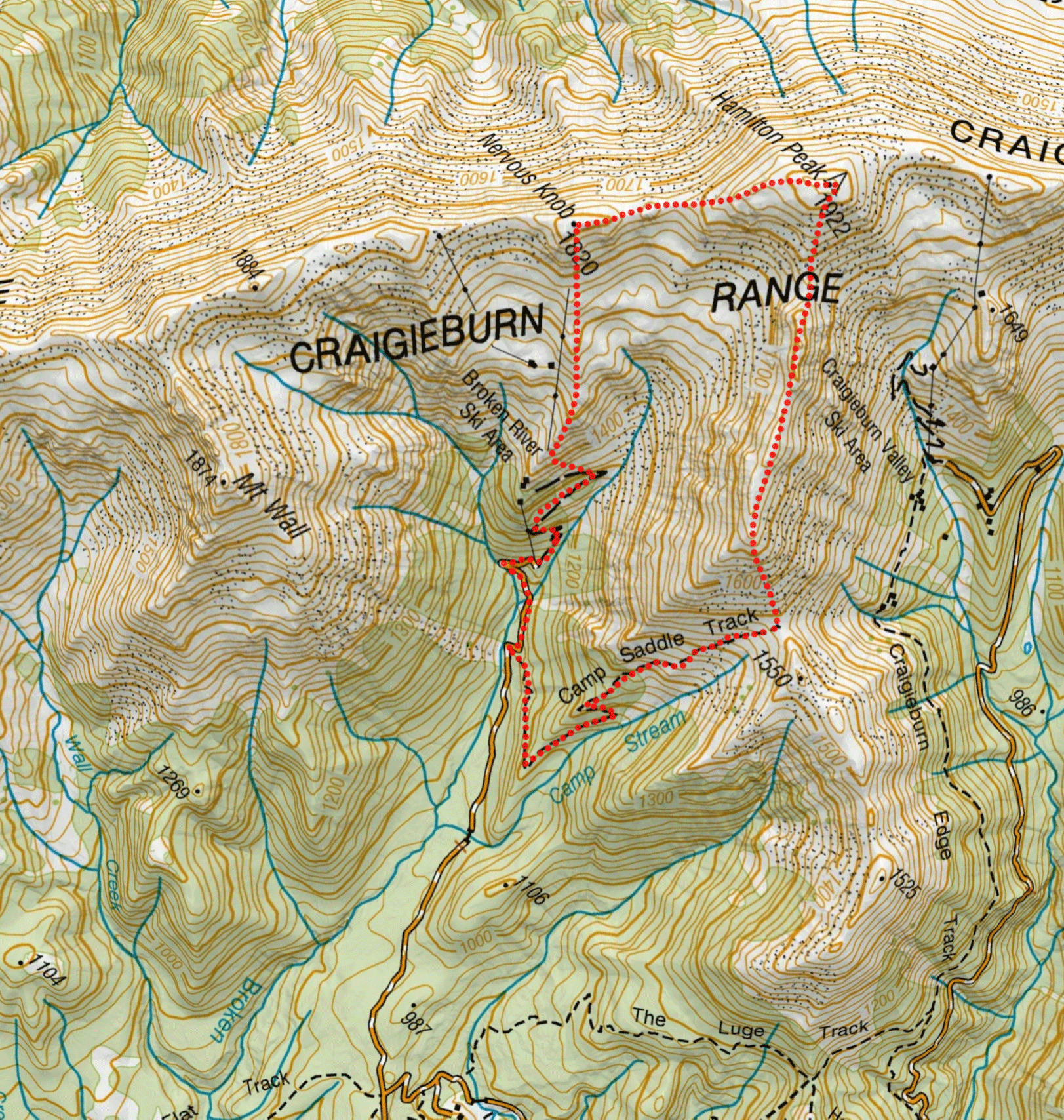 Route map for hike to Nervous Knob and Hamilton Peak in the Craigieburn Range