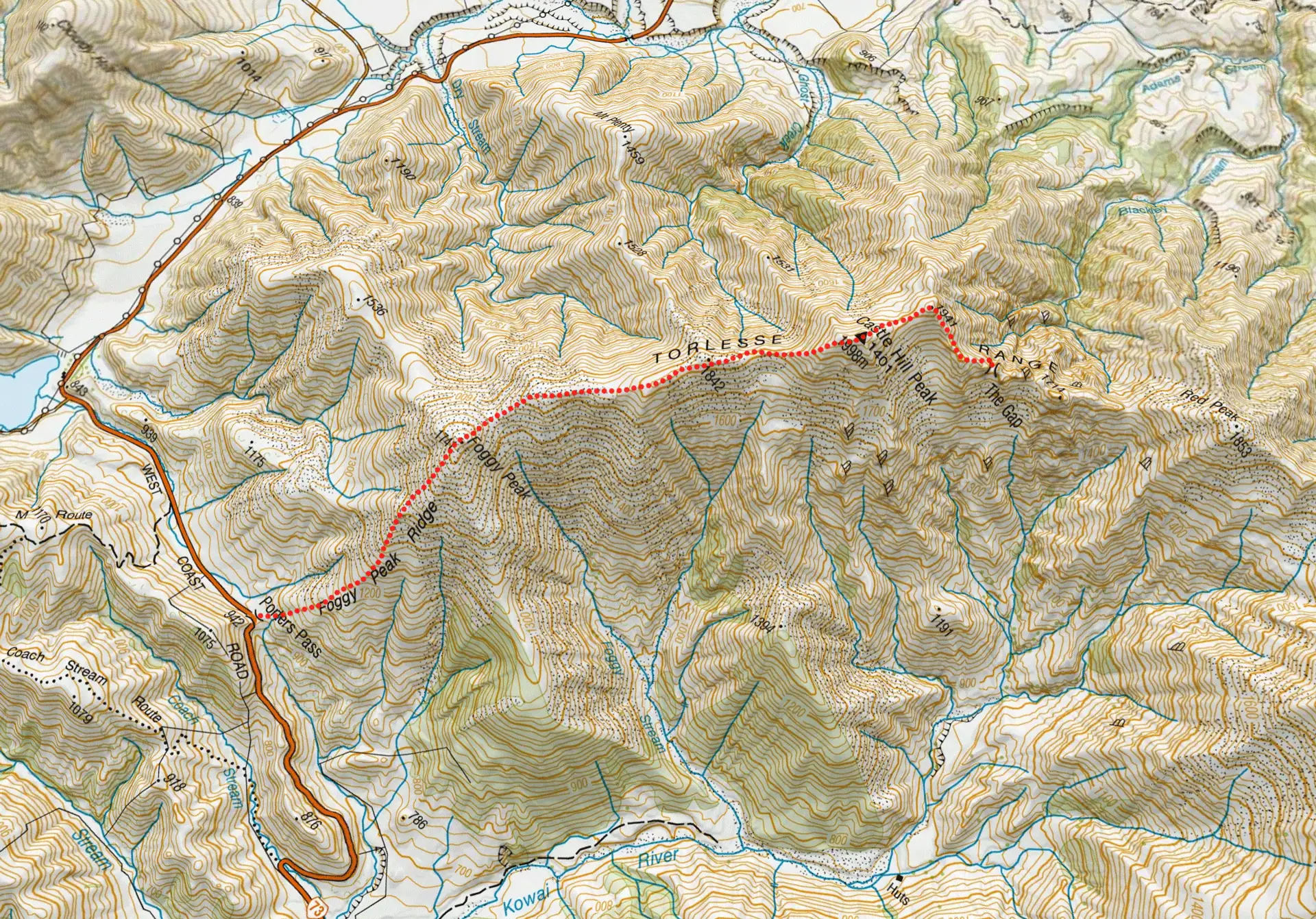 Route map guide for a hike to 'The Gap' on the Torlesse Range
