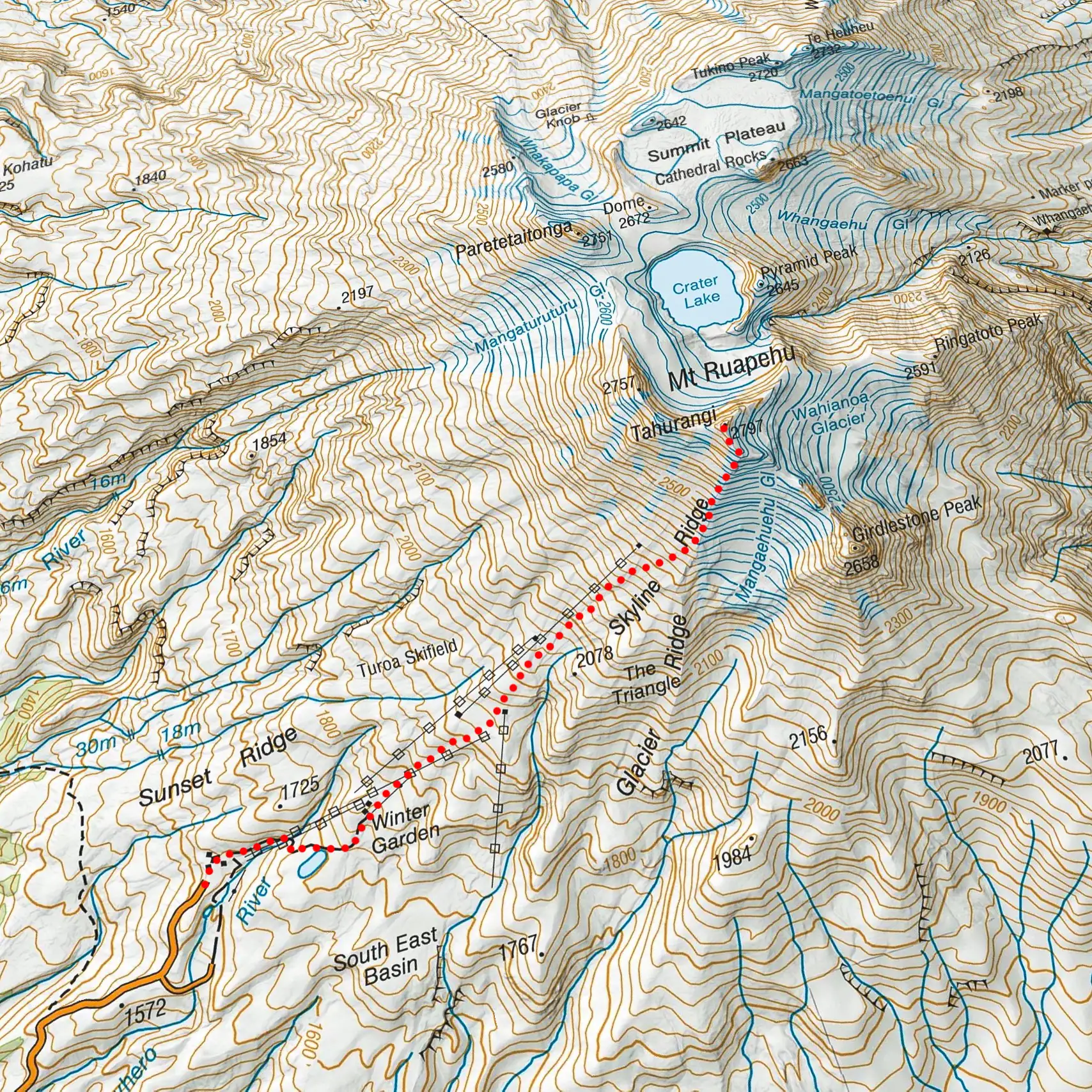 Topo map showing the hiking route from the Turoa Skifield carpark to the summit of Tahurangi