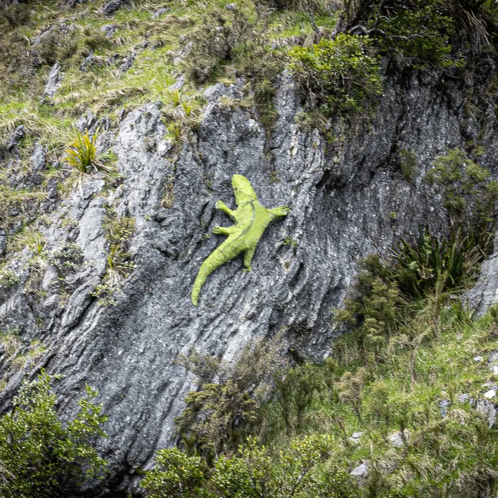 Sarahsaurus sunning on a rock in the Puhi Puhi Valley, Seaward Kaikōura Range