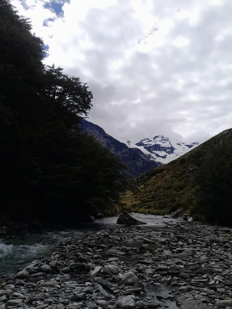 View of the Mt Earnslaw/Pikirakatahi hanging glacier and waterfalls from the bushline on the Earnslaw Burn track, Southern Alps, New Zealand.