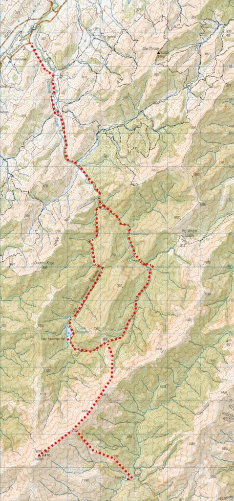 Map of Ferny Gair route to Lake Alexander & Penk Hut