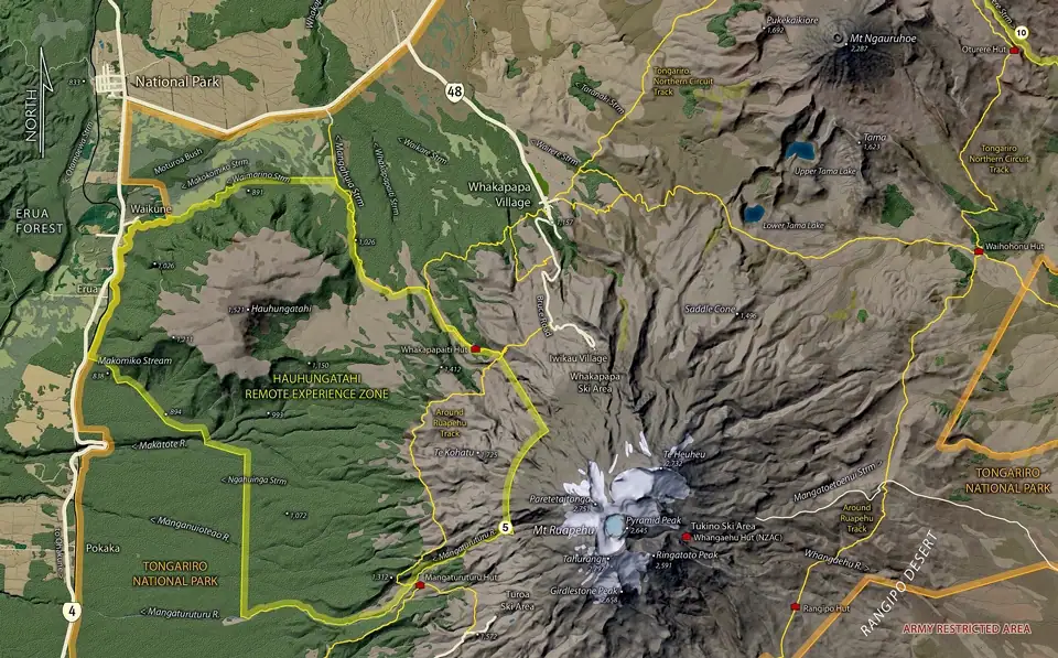 Map showing the boundary to the Hauhungatahi Remote Experience Zone (Hauhungatahi Wilderness) in Tongariro National Park, NZ.