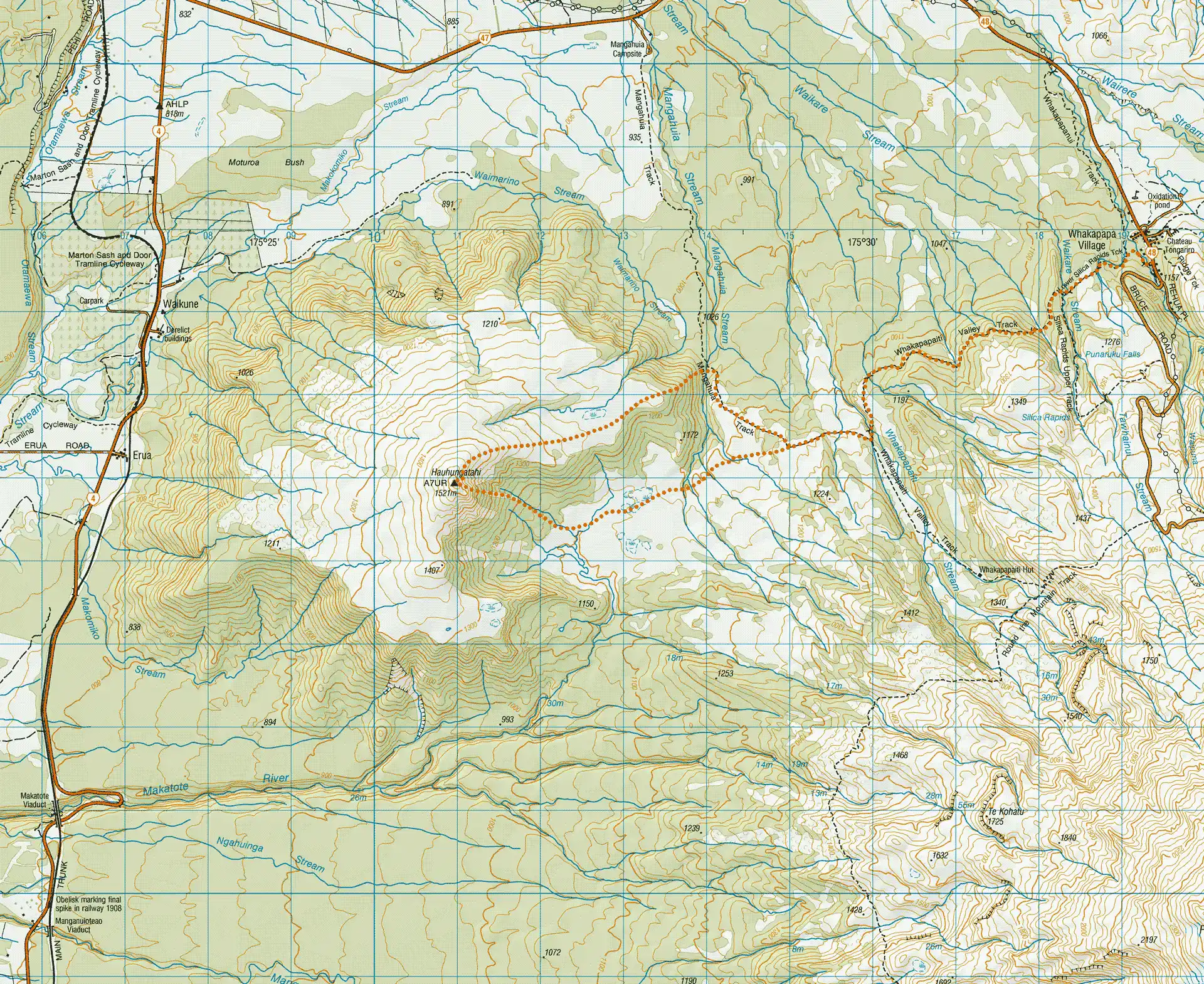 To[o map showing the route to Hauhungatahi from Whakapapa Village, Tongariro National Park