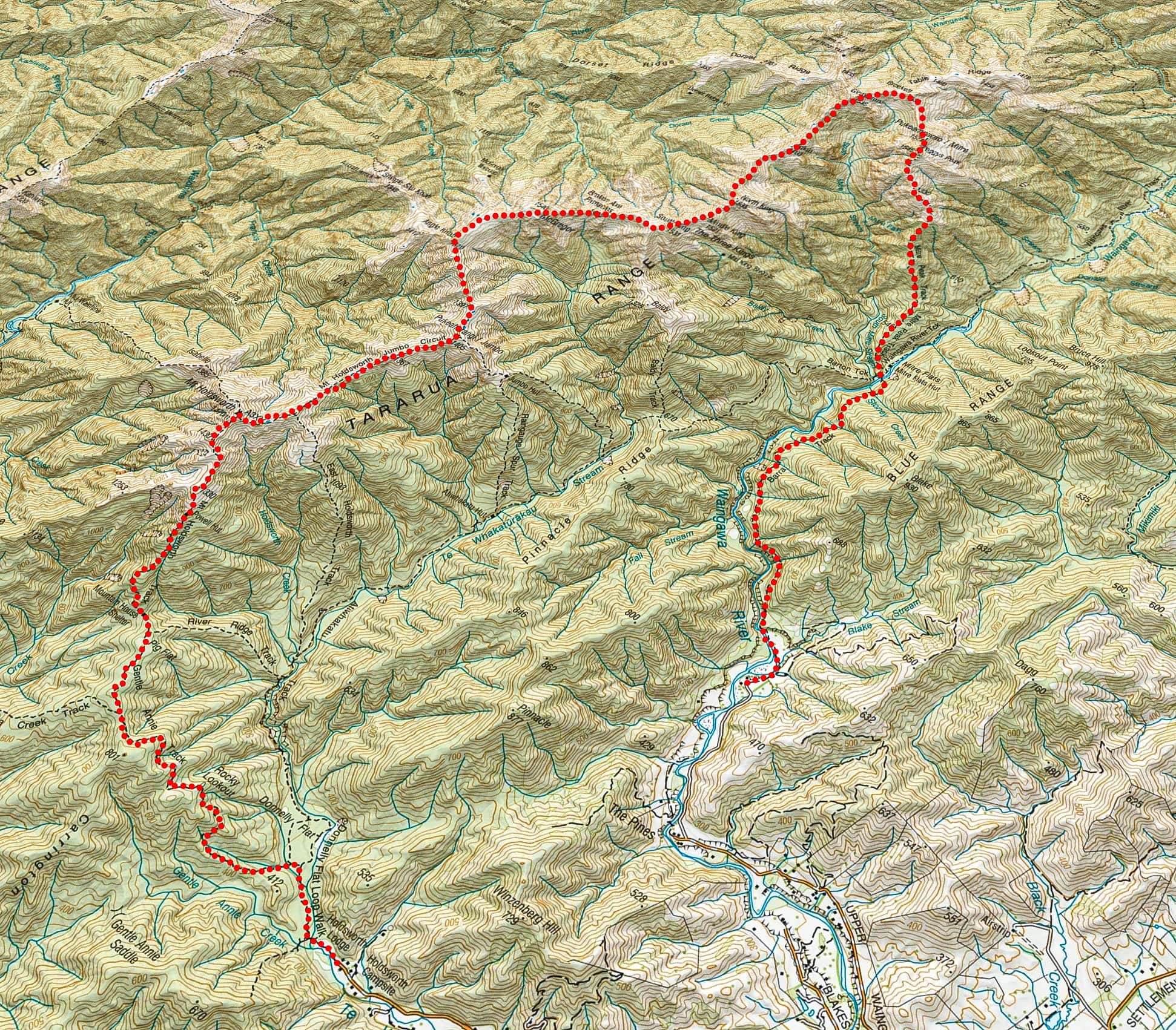 3D topo map showing the route from Holdsworth car park to Mitre and then to the farmer's house at The Pines