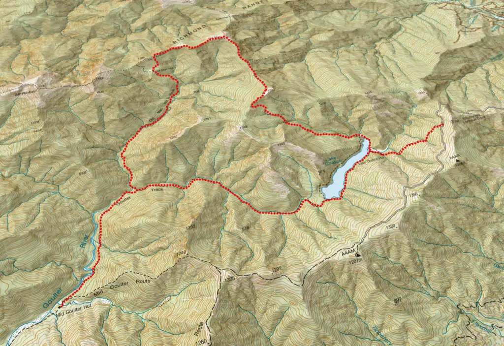 Topo map showing the route taken on the Lake Chalice Old Man circuit hike