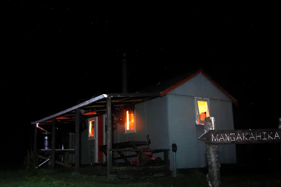 Mangakahika Hut at night in Whirinaki Forest Park