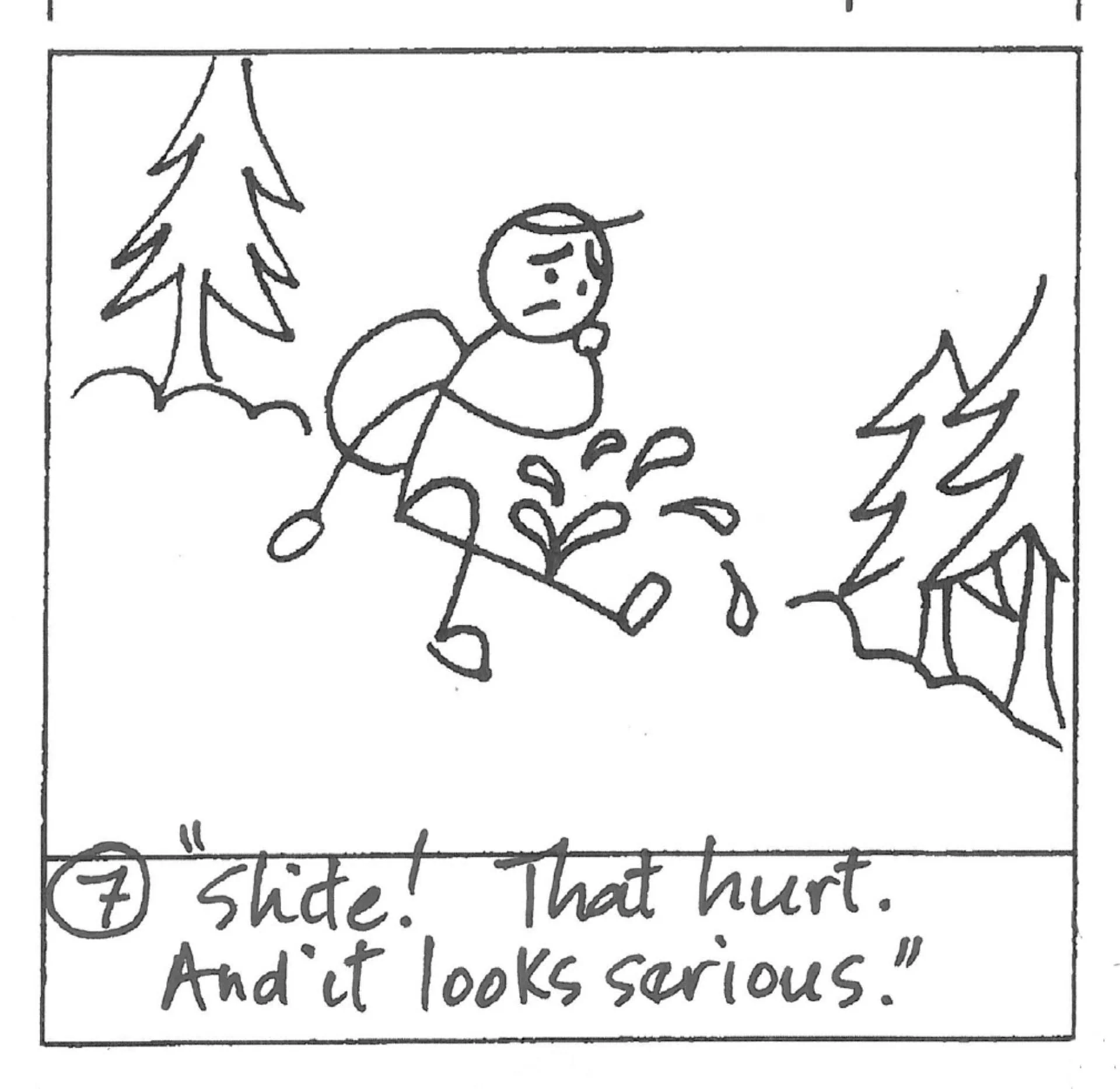 Brian sits on the trail with a serious leg injury after his fall.