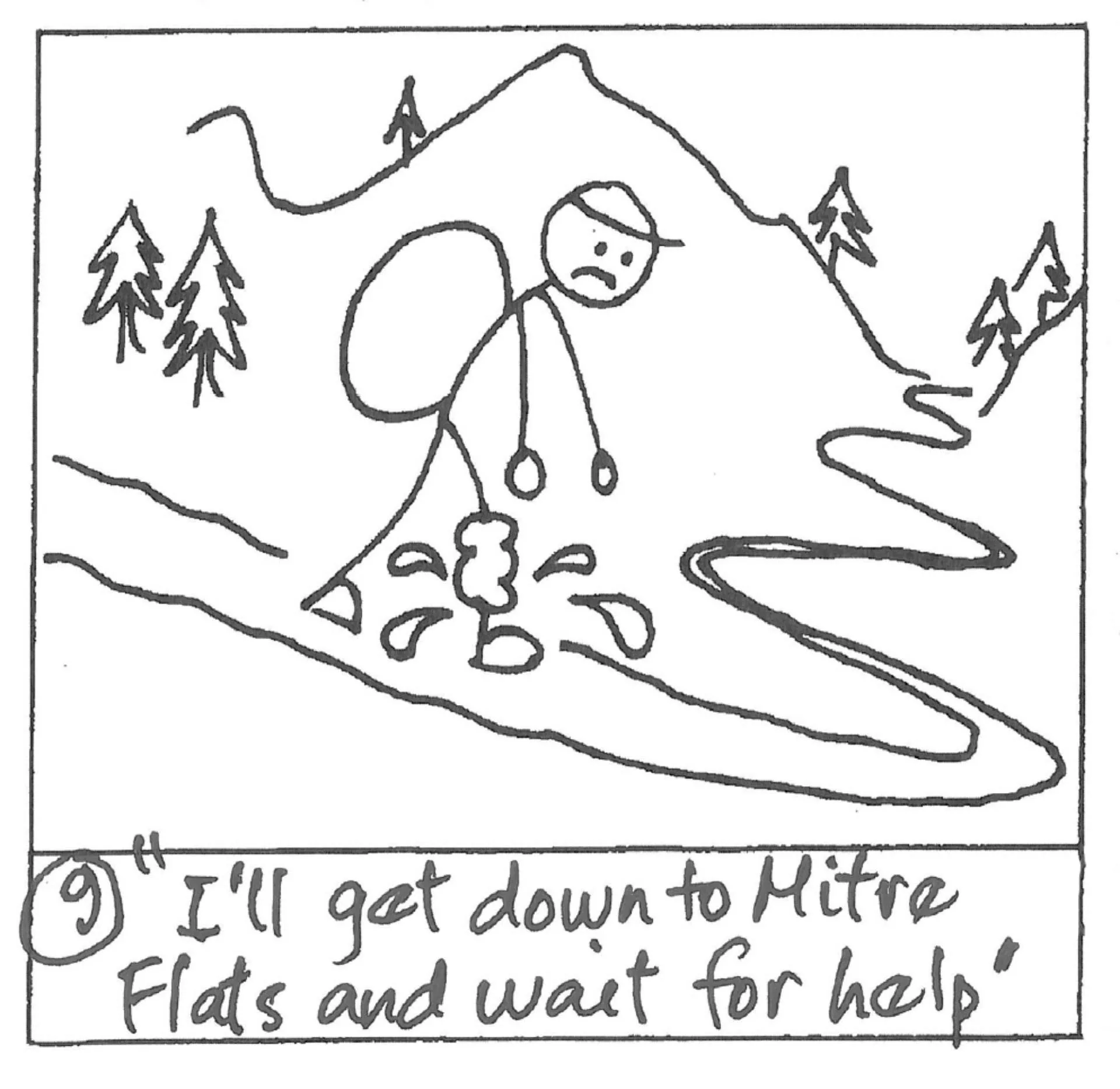 Brian limping down the mountain toward Mitre Flats to wait for help