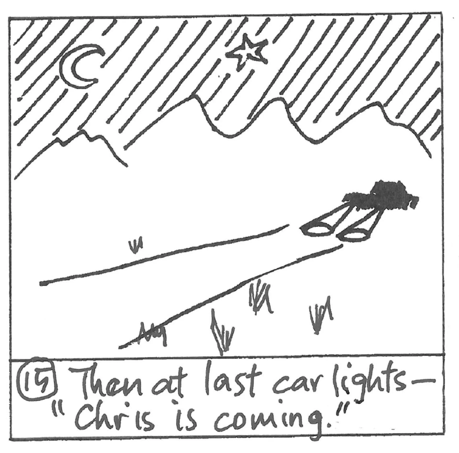 After a long wait Brian sees headlights as a vehicle drives up the farm road to the house