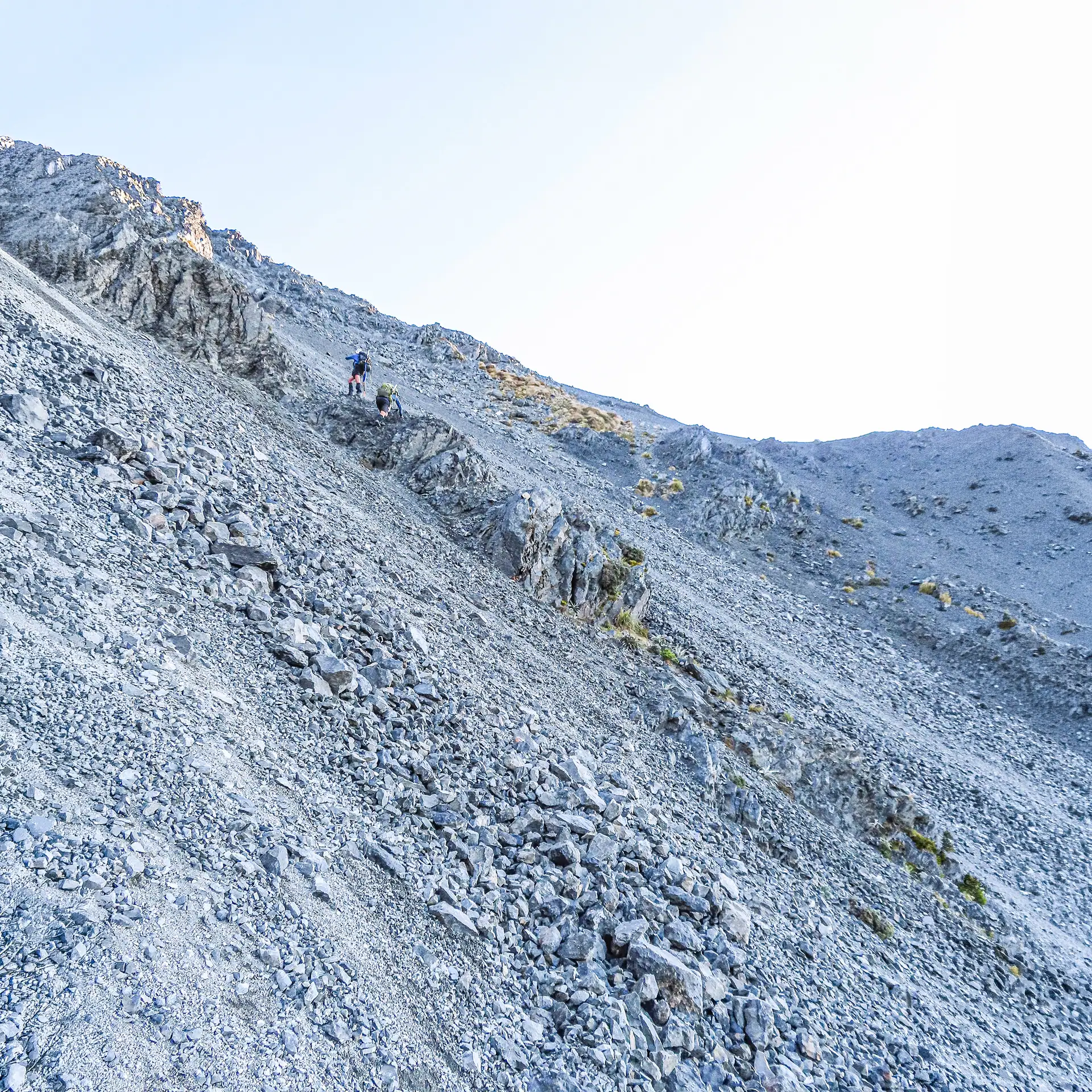 To reach the ridge leading to the summit of Te Ao Whekere it was necessary to climb a long steep scree slope