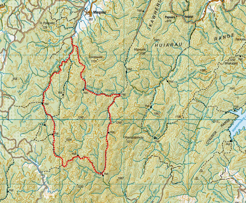 Topomap-showing-route-of-tramp-through-Whirinaki-Forest-Park