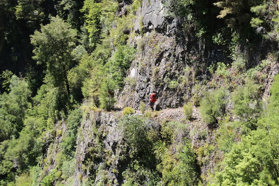 Cautiously walking through the Te Hoe bluffs in the Whirinaki Forest Park