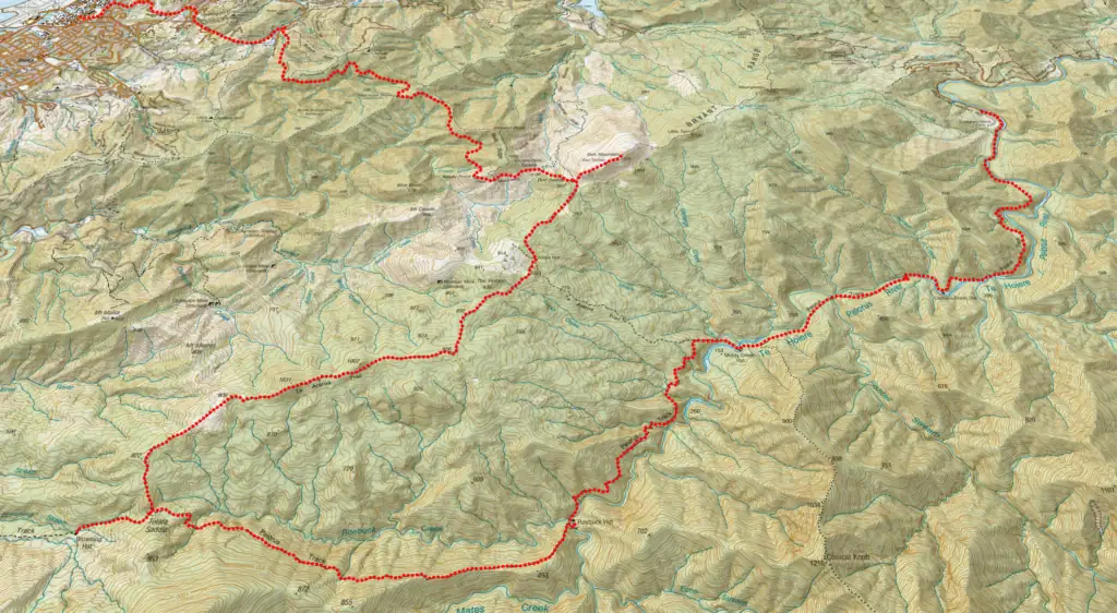Topo map showing Sarah's route from Pelorus River to Nelson