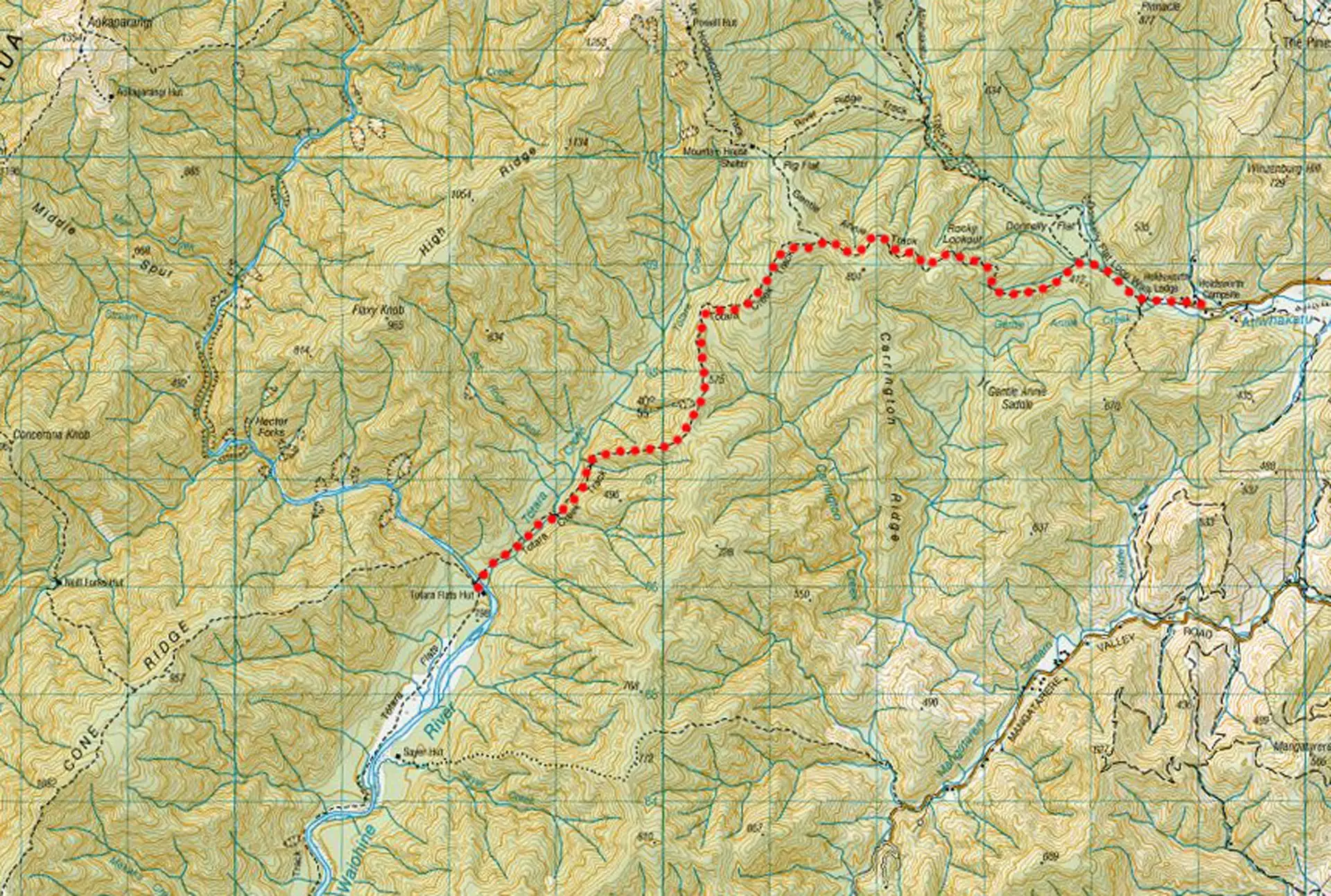 Topo map showing the all-weather track to Totara Flats from Holdsworth carpark