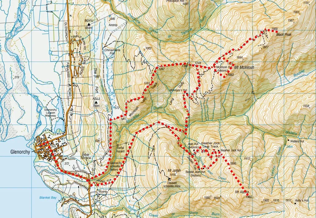 Map showing route of the McIntosh Loop & Heather Jock Loops in Whakaari Conservation area neat Glenorchy, Southern Alps, New Zealand