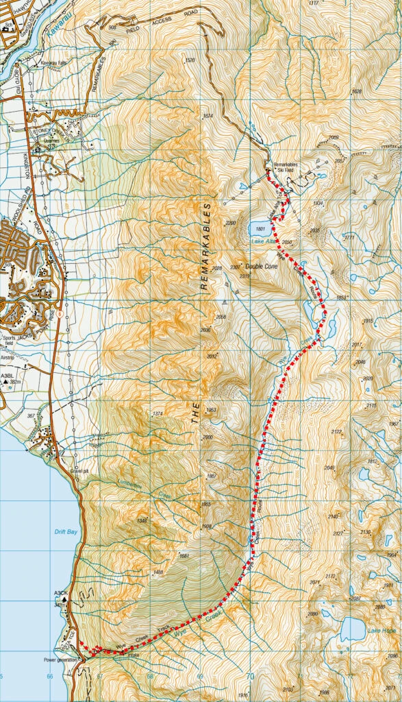 Map of the Wye Creek route in the Remarkables Range