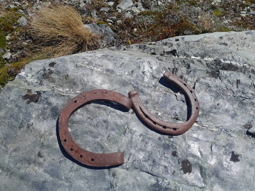 Historic rusty horseshoes resting on a grey schist rock in the Whakaari Conservation Area, representing the area's rich mining and transport history near Glenorchy