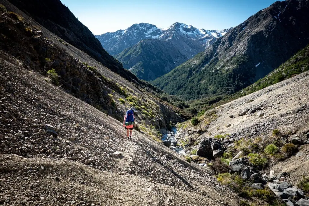 Descent off Saxton saddle to Top Gordons Hut