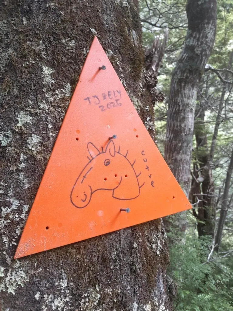 "Orange track marker on the Earnslaw Burn tramping track, Queenstown, New Zealand. Hand-drawn horse art on a standard Department of Conservation orange tracker marker in the Southern Alps forest."
