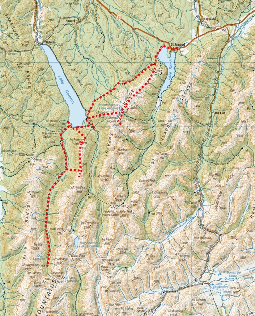 Hiking route in Nelson Lakes National Park on Robert Ridge to Angelus hut and Angelus peak, Mt Cedric track to Sabine hut, D'urville track, Mt Misery Hut track, D'Urville Valley, Speargrass track.