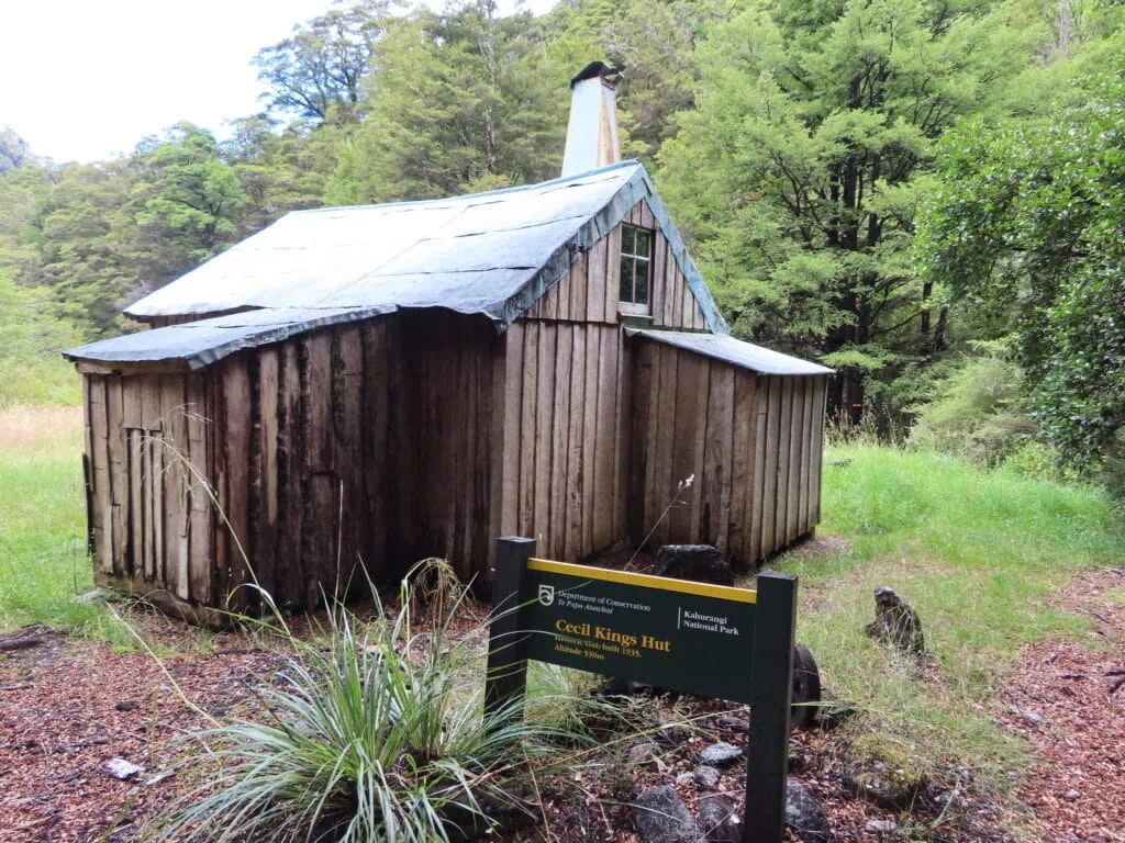 Historic timber slab hut with chimnet from depressiiion mining in the Wangapeka surrounding by red beech trees