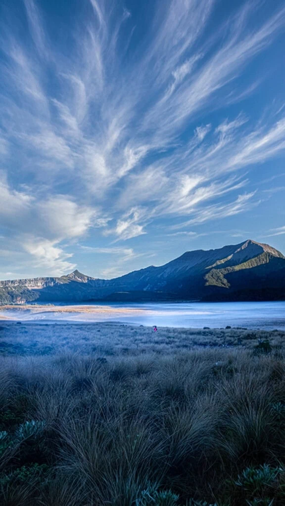 A hiker beneath a dramatic wispy cloudy sky walking across the 1000 Acre plateau with tussock surrounded by a thin mist blanket, Matiri Range