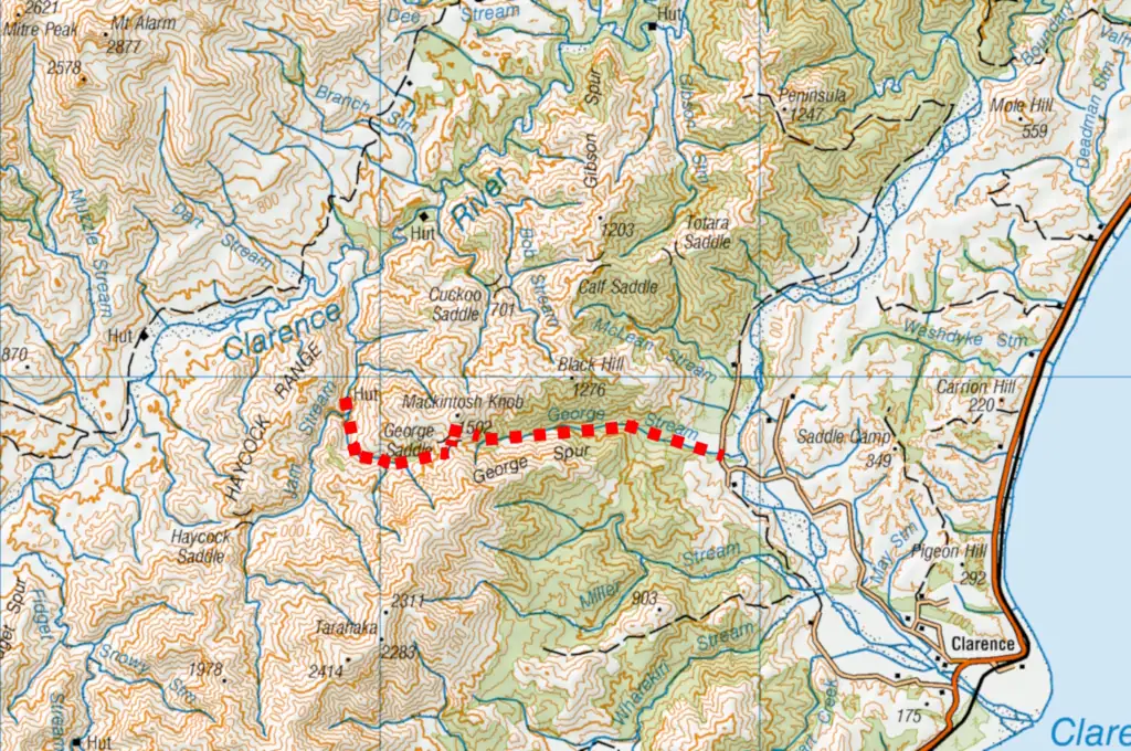 Map of the route to Jam Hut via George Saddle in the Seaward Kaikoura Range