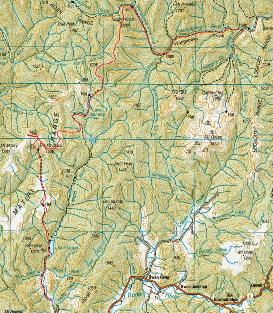 The 5 day traverse in Kahurangi National Park along the Wangapeka Track to Wangapeka Saddle, Matiri Range, Haystack, Needle and 1000 Acre Plateau. Finishing at Lake Matiri