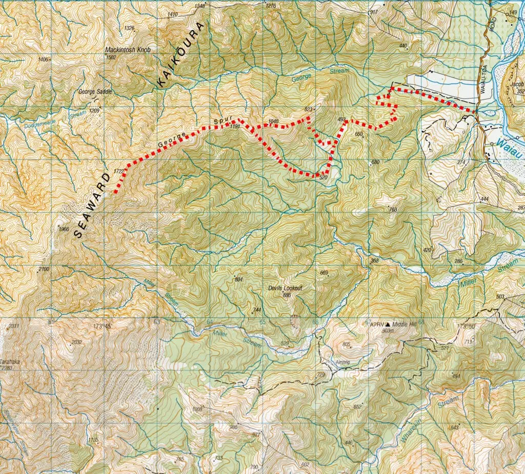 Mt Tarahaka route map in Seaward Kaikōura Range in Ka Whata Tu o Rakihouia Conservation Park