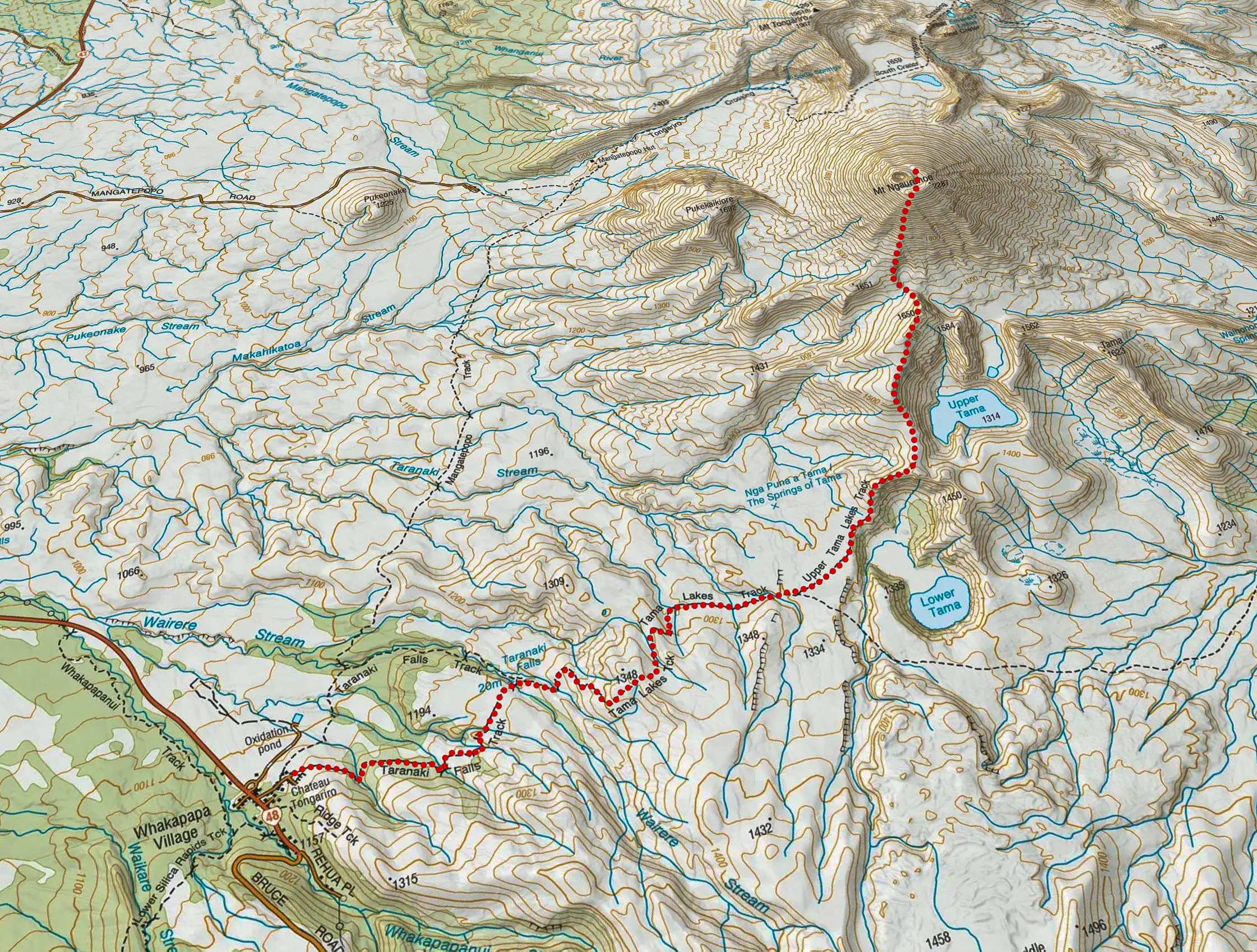 Map of route from Whakapapa Village to Mt Ngāuruhoe via the southern slopes