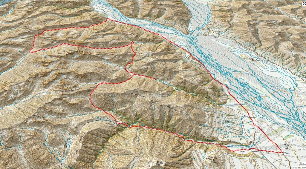Map of 5 day route in the Two Thumb Range. Route to Crooked Spur Hut on Bush Stream Track; over Brabazon Saddle; Dog Kennel Biv; Inkerman Saddle; Alma Col; Trojan Stream; Balaclava Saddle and the Growler