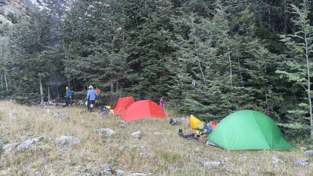 A campsite of trampers on a grassy river terrace on the Bush Stream Track in the Two Thumb Range, Canterbury, New Zealand. Three bright red and green tents are pitched near a stand of native beech forest, with three people and gear visible in the background.