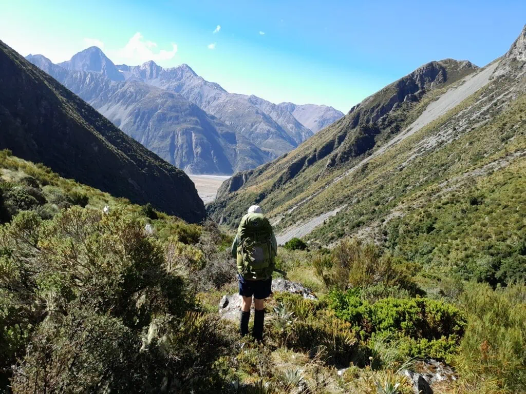 A tramper in the Two Thumb Range descending through steep scrub around a gorge in the Growler Stream with the Havelock River and Cloudy Peak Range visible in the distance.  The off-track alpine landscape features glaciated valleys and rugged mountain peaks in the Canterbury high country, New Zealand.