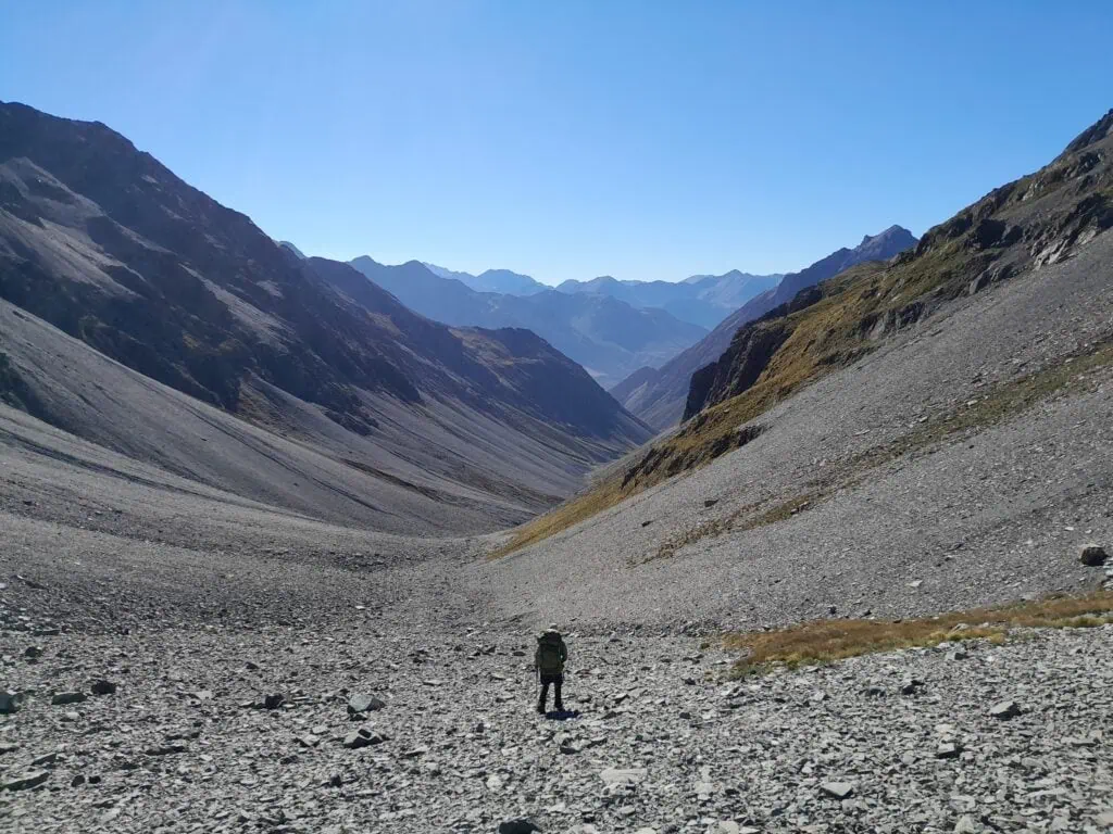 A tramper descending the head of the Growler Stream toward the Havelock Valley. The image shows the vast, grey scree slopes and rugged alpine terrain of the Two Thumb Range in the Canterbury high country.