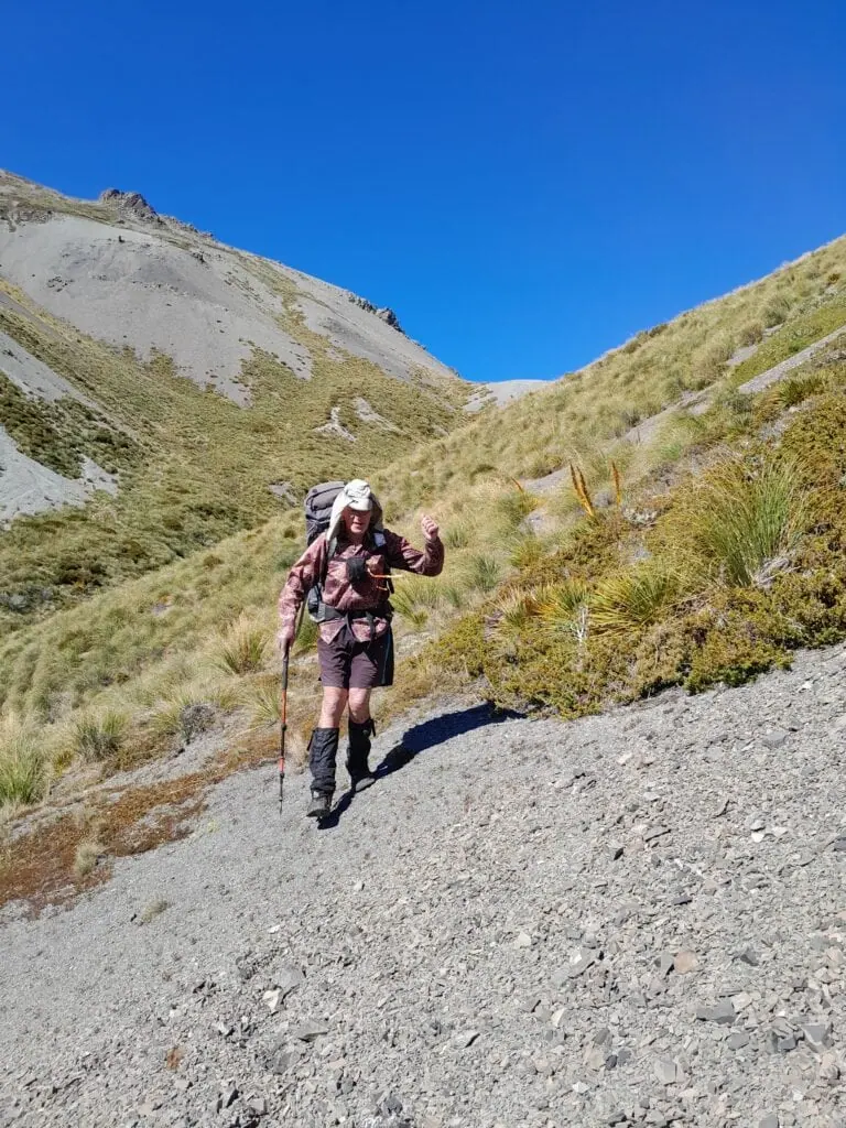 A happy tramper descending a scree slope from Inkerman Saddle toward Alma Stream. The Two Thumb Range landscape features golden tussock and spaniards (Aciphylla colensoi) under a clear blue sky.