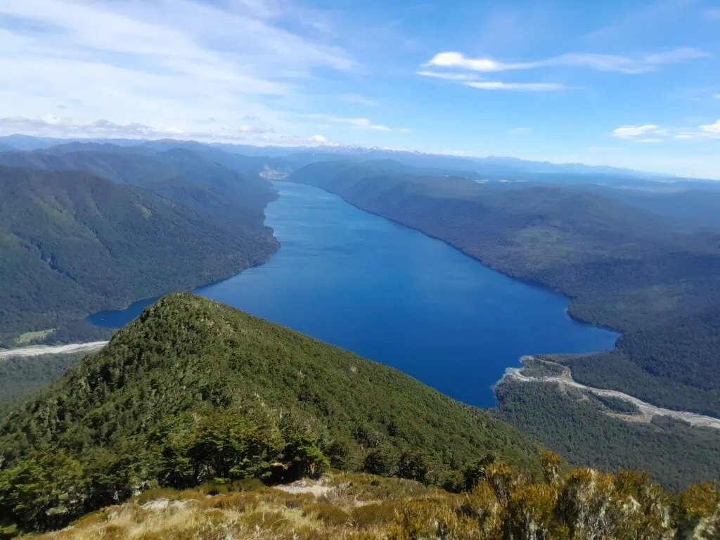 A view from above the bushline looking down onto bush and onto a blue lake, Lake Rotorua with the Sabine river mouth visible and D'Urville river mouth visible, Nelson Lakes