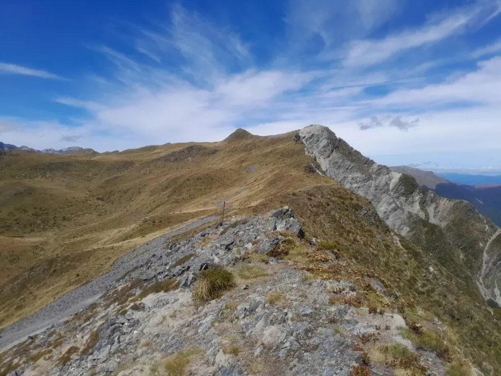 A route above bushline marked by a snowpole to a peak, Mt Misery and Mt Misery Hut. The slopes are covered in tussock with a blue sky above with wispy clouds
