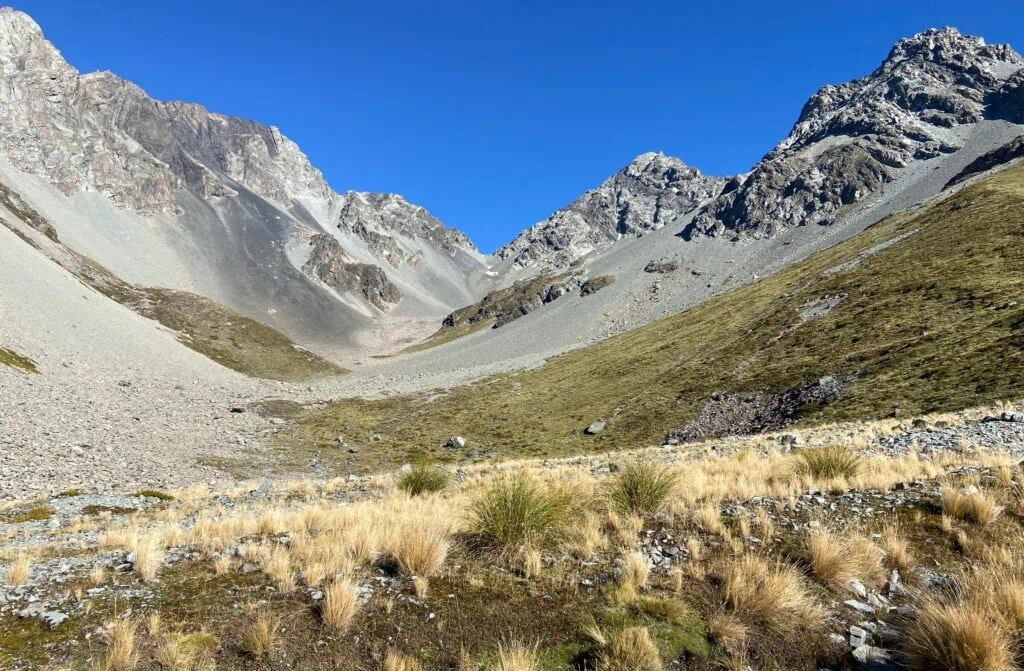 Looking towards Alma Col (2,139m) from the upper Alma Stream valley in the Two Thumb Range. The off-track alpine route crosses golden tussock, spaniards, scattered boulders, and steep scree slopes with patches of snow in the Canterbury high country.
