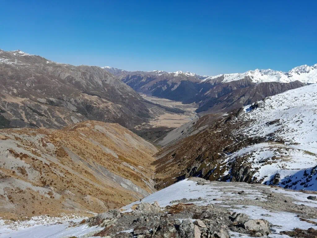 A view from the snowy slope on Mt Princess into the large Waiau Valley
