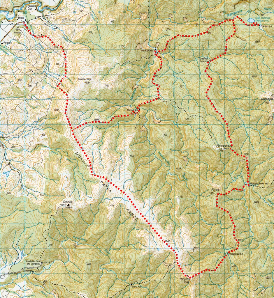 Route in the Ruahine Range from Mokai Plateau to Okutoka Hut, Iron Bark, Lake Colenso, Unknown Campsite, Maropea Forks Hut, Wakelings Hut