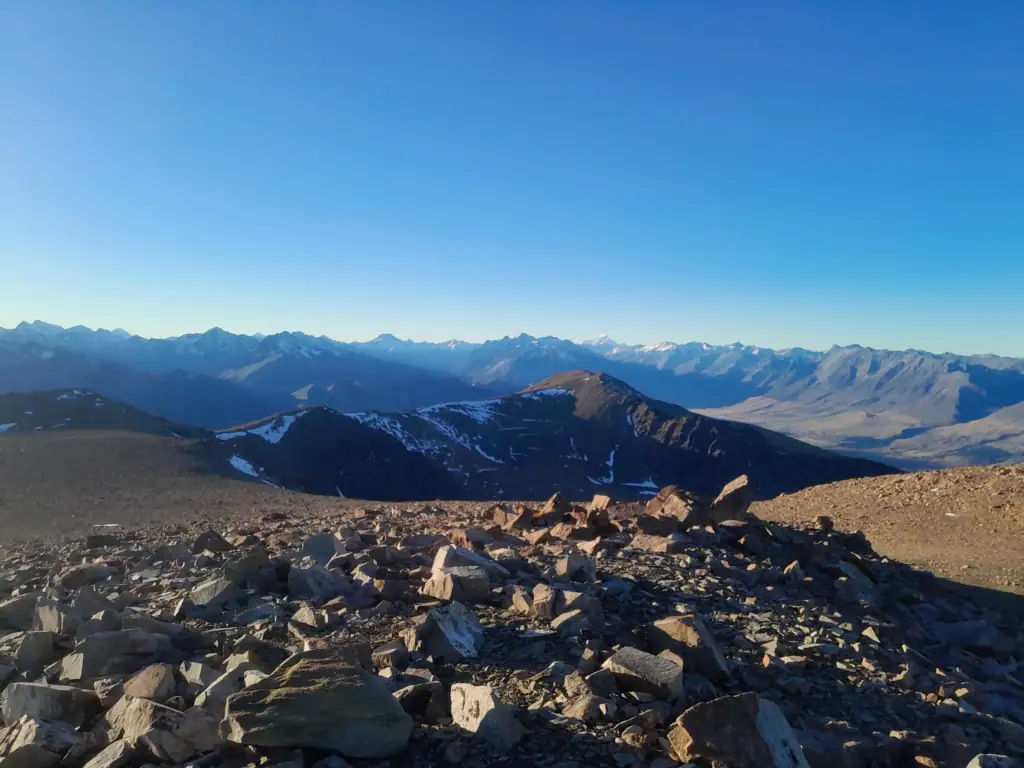 Panoramic view of Aoraki Mt Cook and the Dobson & Hopkins Rivers valley from the summit of Mt Sutton
