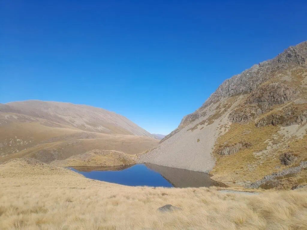 A alpine tarn of Freehold Creek with reflections of the mountains in it surrounded by tussock on the route to Dumb-bell Lake with Te Araroa Trail in the distance