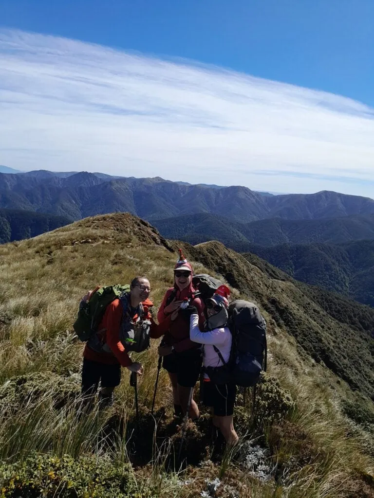 Three trampers in Christmas hats standing on the grassy ridge of Rongotea with panoramic views of the rugged Ruahine Range mountains behind them