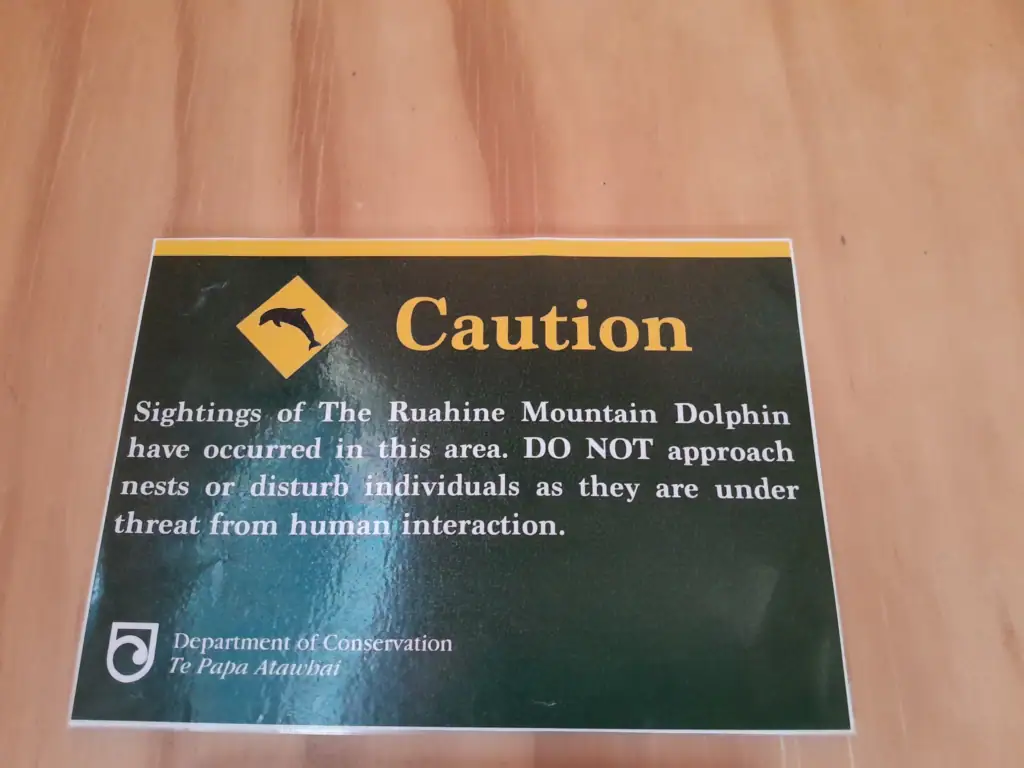 Close up of the humorous green and yellow Department of Conservation sign warning trampers to report sightings of the fictional Ruahine Mountain Dolphins.
