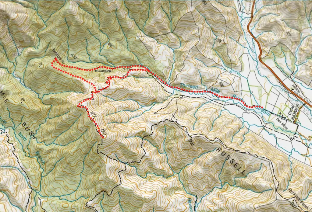 Topographic map screenshot showing the tracked tramping route for the Benmore Hut and Sugarloaf Summit loop circuit near Thirteen Mile Bush Stream